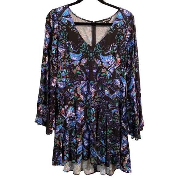 NWT Express Paisley Bell Sleeve Fit and Flare Dress (10) - Picture 1 of 5